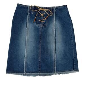Vintage Y2K Faded Glory Denim Mini Skirt Western Boho Fray Lace Up Fly Size 6